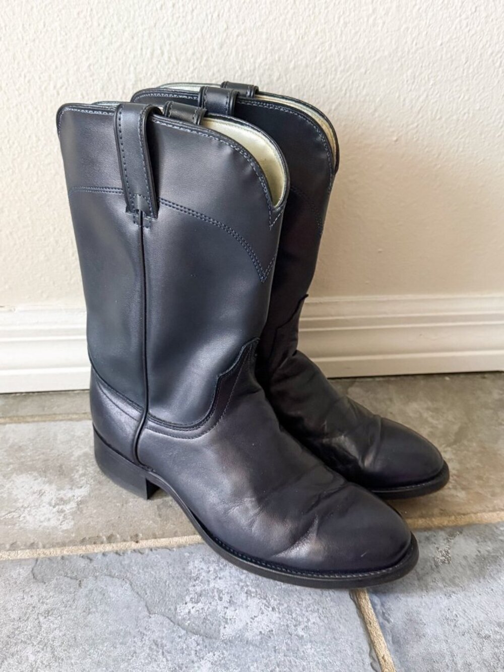 Laredo Navy Blue Leather Western Cowboy Boots Mens 7D Pull On Classic